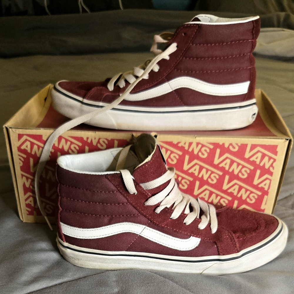 Vans Maroon High-Top Sneakers with White Stripes